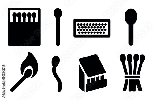 Collection of matchstick icons and symbols in black silhouette style
