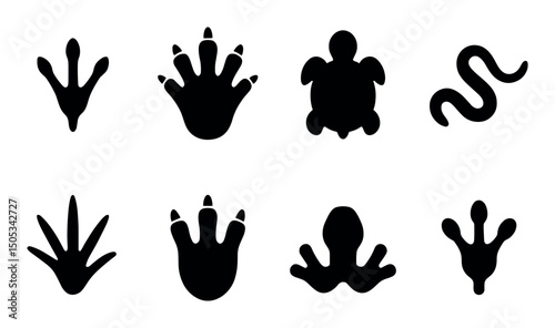 Silhouette animal tracks: bird, turtle, frog, snake footprints