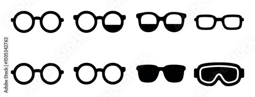 Set of black eyeglass and sunglasses silhouettes in various styles