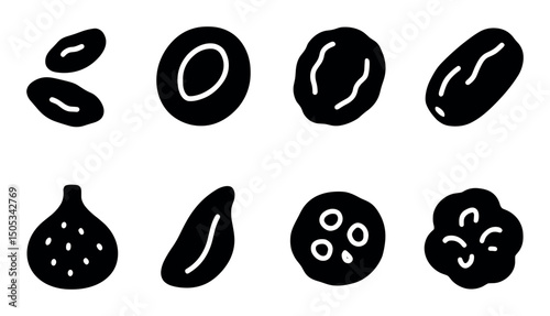 Assorted dried fruits in black silhouette on white background