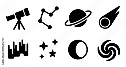 Space icon set featuring telescope, stars, and solar system elements