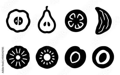 Black-and-white fruit icons set including apple, pear, citrus, melon