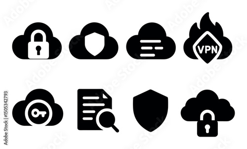 Cloud security icons: lock, shield, vpn, encryption symbols