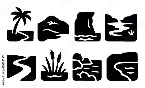 Simple nature landscape icons featuring trees, rivers, and mountains