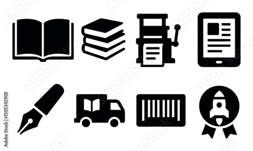 Publishing icons: books, printing, e-book, pen, truck, barcode
