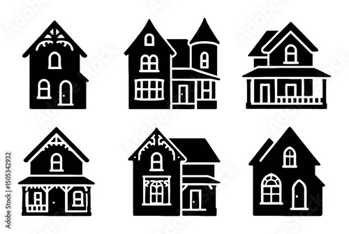 Set of six elegant victorian house silhouettes on white background