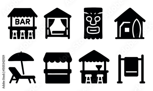 Tropical beach icons: bars, huts, and loungers in black