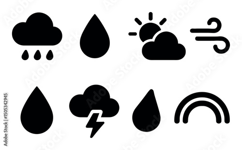 Weather icons: rain, sun, wind, thunder, rainbow, cloud illustrations