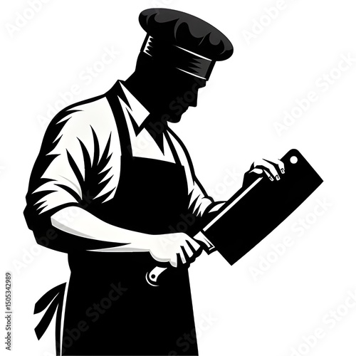 Silhouette of a Traditional Butcher Sharpening Knife on White Background