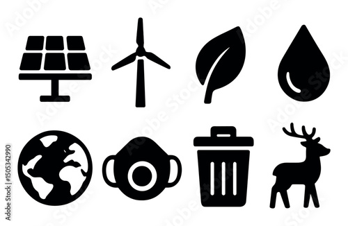 Icons representing renewable energy and environmental conservation