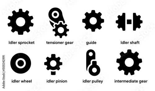 Set of eight mechanical gear icons with different functions