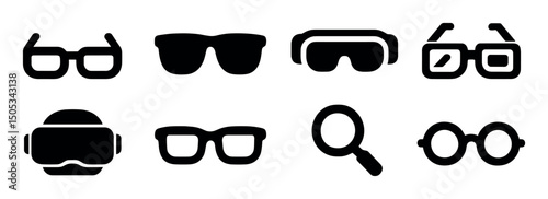 Collection of various eyewear and glasses icons in black silhouette