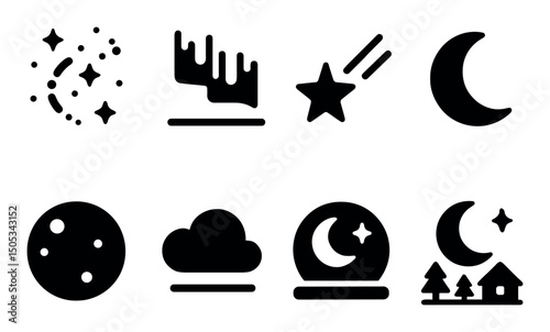 Set of celestial and nighttime icons including moon and stars