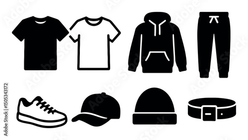 Black and white icons of casual clothing and accessories