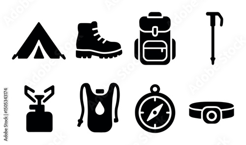 Essential outdoor gear: tent, boots, backpack, compass icons