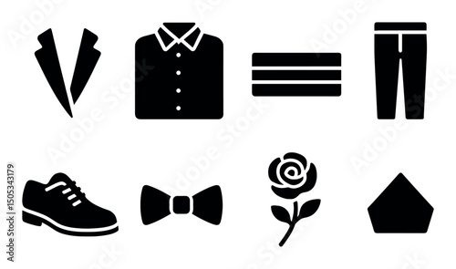Men's fashion icons: shirt, shoes, bow tie, rose, pants