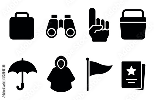 Collection of outdoor adventure icons and symbols in black