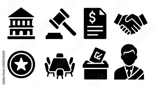 Icons representing government, law, finance, and business concepts