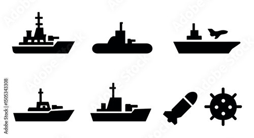 Set of six military naval silhouettes: ships, submarine, missile