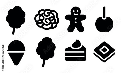 Black silhouette icons of diverse sweets and desserts collection