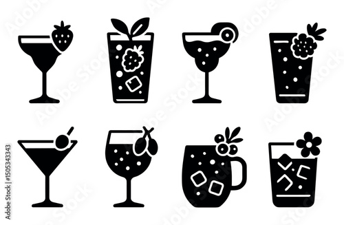 Set of eight cocktail glass icons with garnishes in black and white