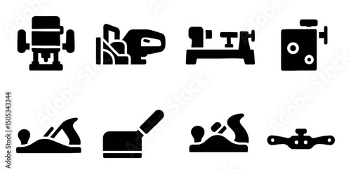 Black silhouettes of various planes and woodworking tools icons