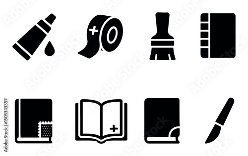 Medical and art supplies icons - tape, brush, notebook, scalpel