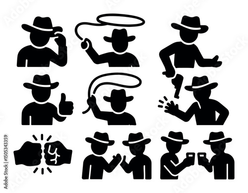 Cowboy silhouettes with whip and hat icons in various poses