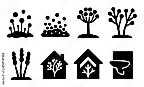 Black and white nature and home icon set with trees and mushrooms