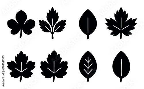 Set of eight black leaf silhouettes with various shapes and patterns