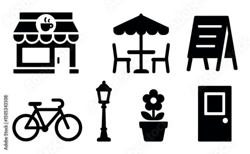 Coffee shop icons: cafe, bicycle, flower pot, and more