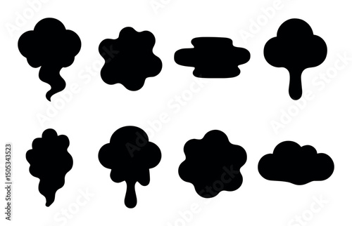 Set of various cartoon cloud shapes illustrations in black silhouette