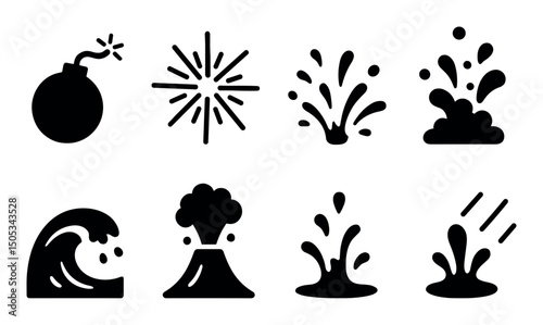 Black silhouette icons of explosions, water splashes, and waves