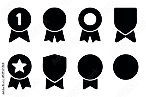 Set of eight black award badge icons for achievement and excellence