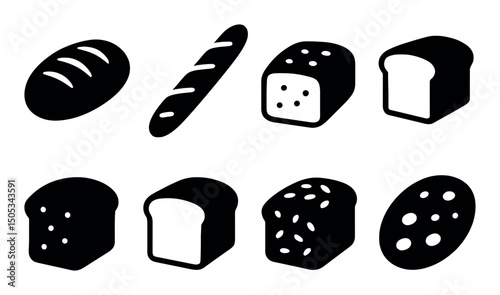Variety of bread icon set including loaf, baguette, and sliced bread