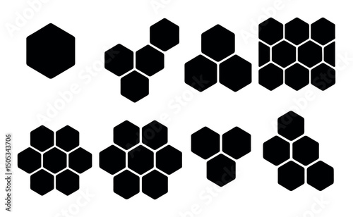 Black hexagon patterns and shapes in various arrangements