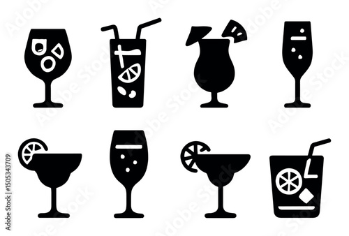 Black and white cocktail icons: glasses, fruits, and straws
