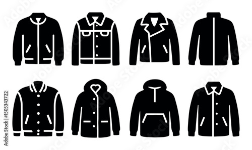 Silhouette set of eight stylish jacket icons for fashion design