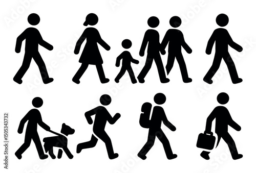 Silhouette figures walking and running in various directions
