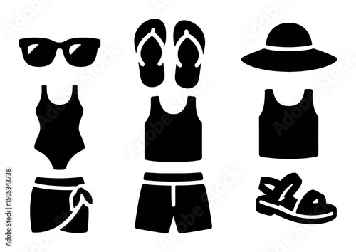 Beachwear icons: swimsuit, sunglasses, flip-flops, hat, sandals