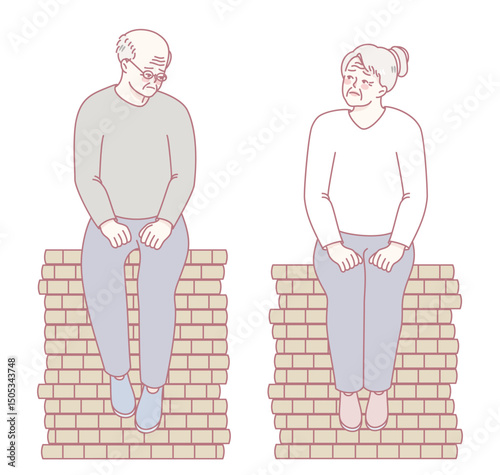 A delightful and simple illustration showcasing an elderly couple joyfully sitting side by side on a brick wall