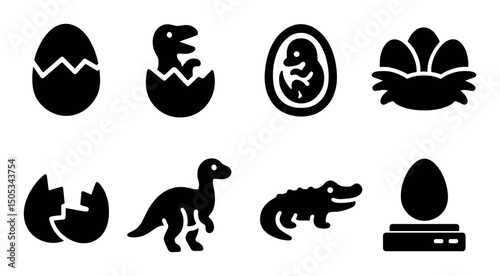 Dinosaur eggs and hatchlings icon set on white background