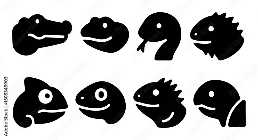 Fototapeta premium Silhouette icons of various reptile heads in profile view