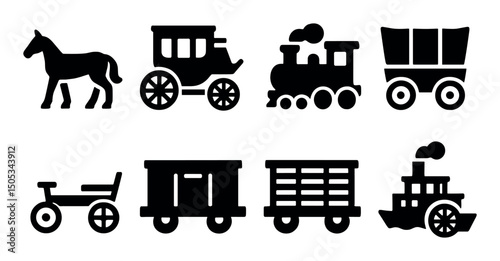 Vintage transportation icons: horse, carriage, train, wagon, boat