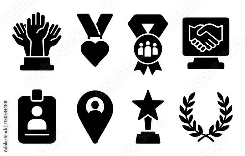 Icons representing teamwork, awards, and achievements set
