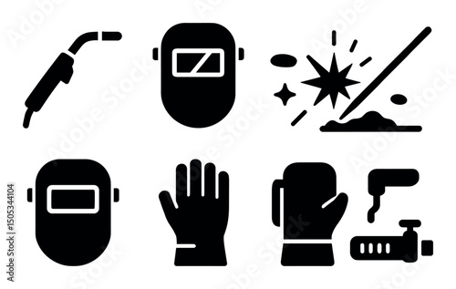Welding equipment icons: torch, helmet, glove, safety symbols