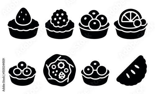 Black and white pastry icons with various toppings and shapes