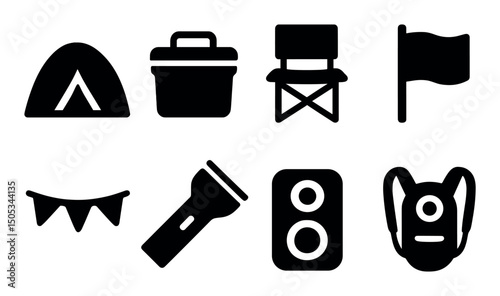 Camping gear icons: tent, cooler, chair, flag, bunting, flashlight