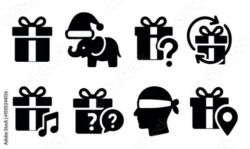 Gift icons set with elephant, music, questions, and locations