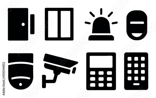 Security icons set: cameras, alarm, door, sensor, keypad